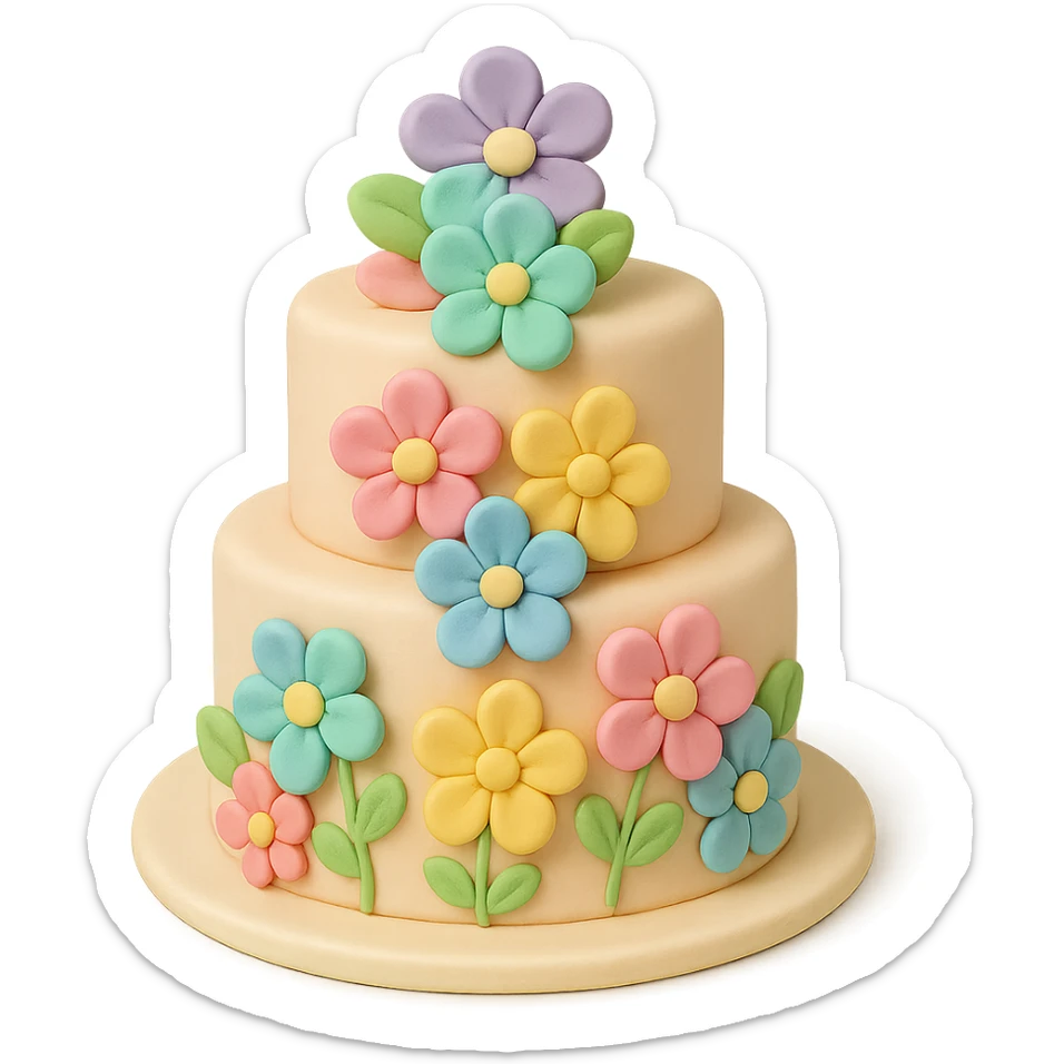 tiered fondant cake with rainbow flowers sticker