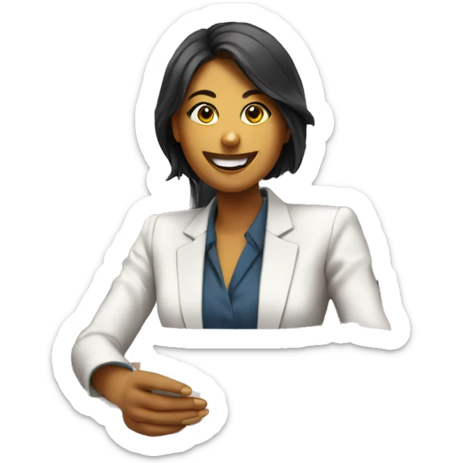 generate a smile of a woman in a business suit sitting at a computer and a pile of papers on the table sticker