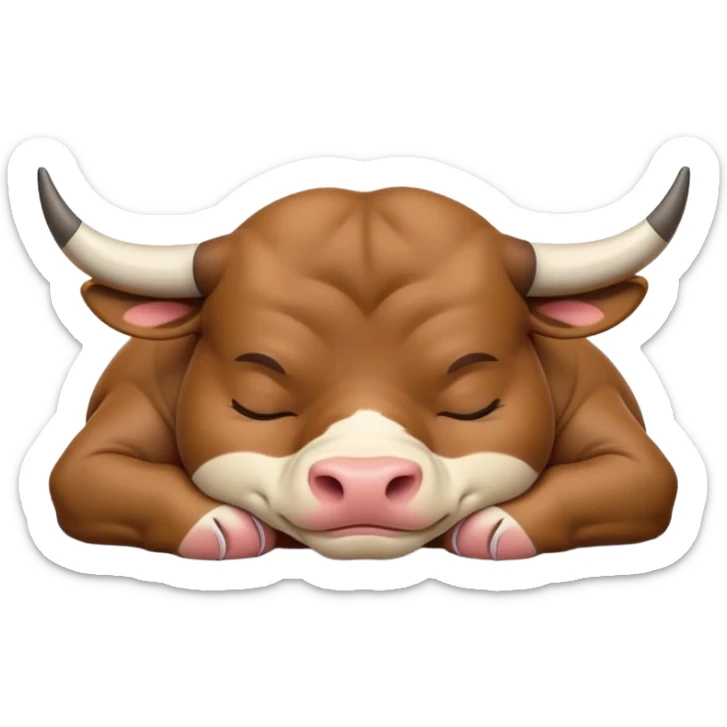 meme-worthy-cute-sleeping-domestic-bull-portrait-emoji,-head-resting-peacefully-with-a-contented-smile,-showcasing-a-robust,-muscular-build-and-a-luxuriously-soft-coat,-eyes-gently-closed-in-serene,-restful-slumber,-simplified,-solid-brown sticker