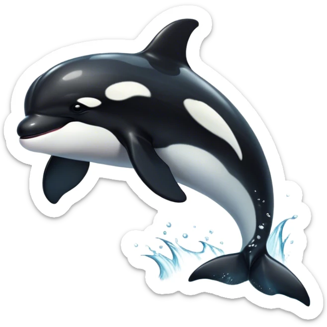 Cinematic Noble orca Portrait Emoji, Poised and majestic, with a sleek, streamlined black-and-white body, piercing intelligent eyes, and a powerful, commanding presence, Simplified yet sharp and sophisticated features, highly detailed, glowing with a soft oceanic radiance, high shine, intelligent and formidable, stylized with an air of deep-sea dominance, focused and alert, soft glowing outline, capturing the essence of an apex predator that appears ready to surge out of the waves with effortless authority! sticker