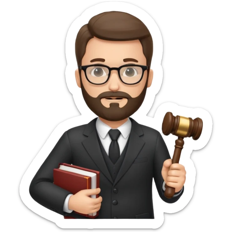 Create a male lawyer. he is wearing a fromal suit jckeret. He is holding a gavel in one hand and a book tucked under his another arm. He has beard and glasses sticker