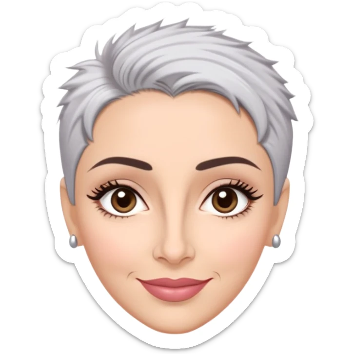 Puerto Rican actress Marian Pabón with elongated face, light pinkish skin, almond-shaped expressive eyes, straight nose, well-defined lips with wide smile, arched eyebrows, pronounced cheekbones, short spiky gray hair like a man's cut sticker