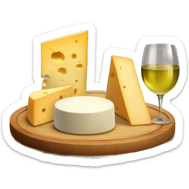 Wooden plate with different types of cheese and a glass filled with white wine  eat the plate  sticker