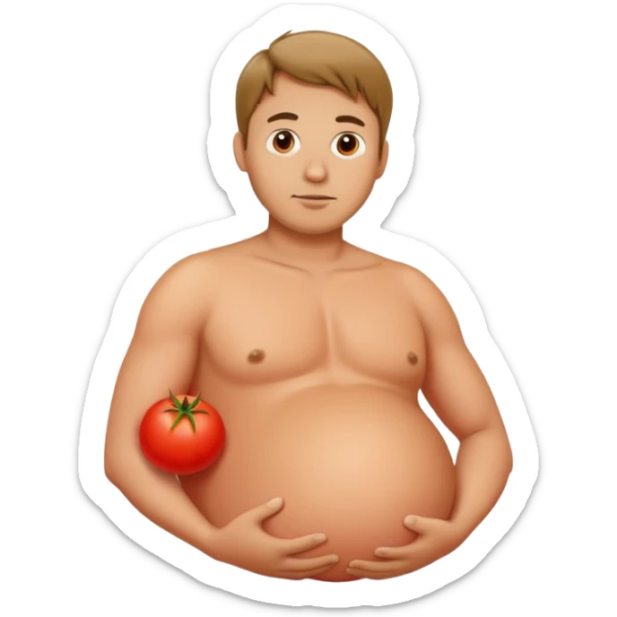 very pregnant man with a round red tomato as his pregnant belly sticker