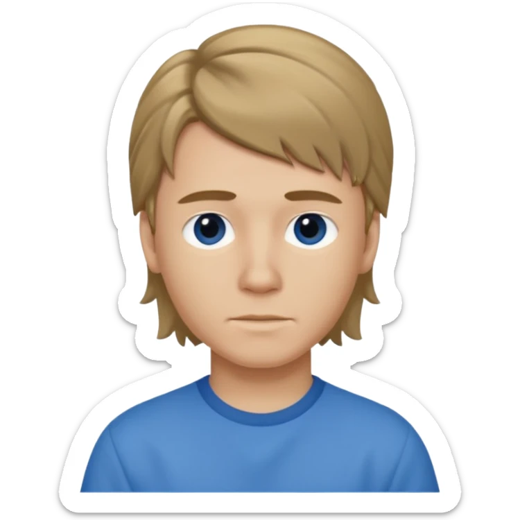 boy with dark blonde hair in a mullet with a neat blue shirt (blouse) sticker