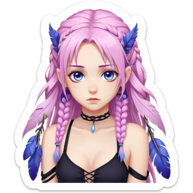 Gorgeous beautiful pretty grumpy anime lady long-pale-whitish-pastel-pink-hair with one braid on each side, hanging purple feather-ear-cuffs with pink tips in hair, black bodysuit, blue eyes, pink iris, ethereal, fashion aesthetic  sticker