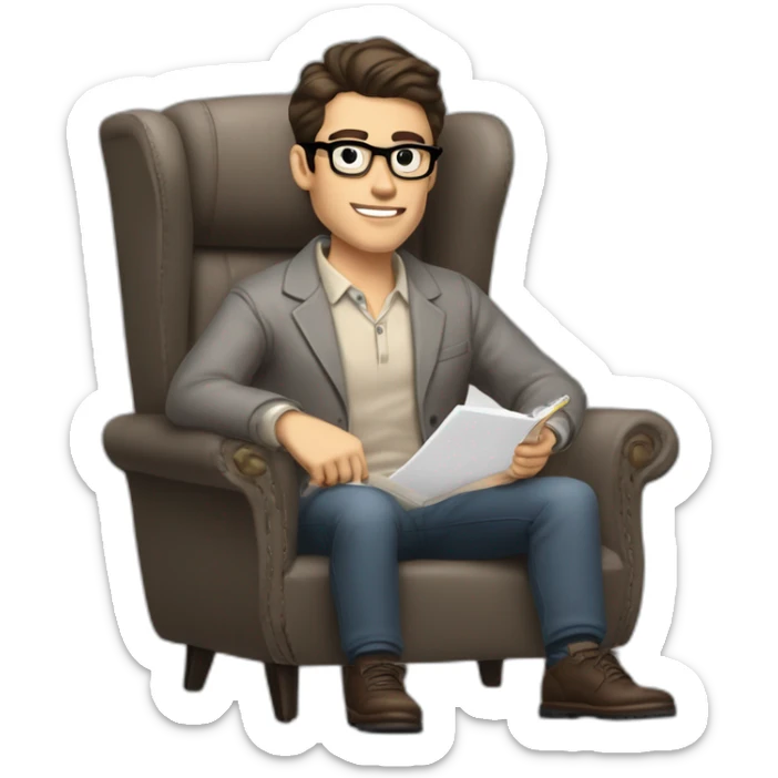 Pale skinned Fit Man With dark brown hair in gray jacket, beige office shirt and vintage glasses sitting In a soft chair with a notebook with emblem Ψ and a pen in his hands sticker