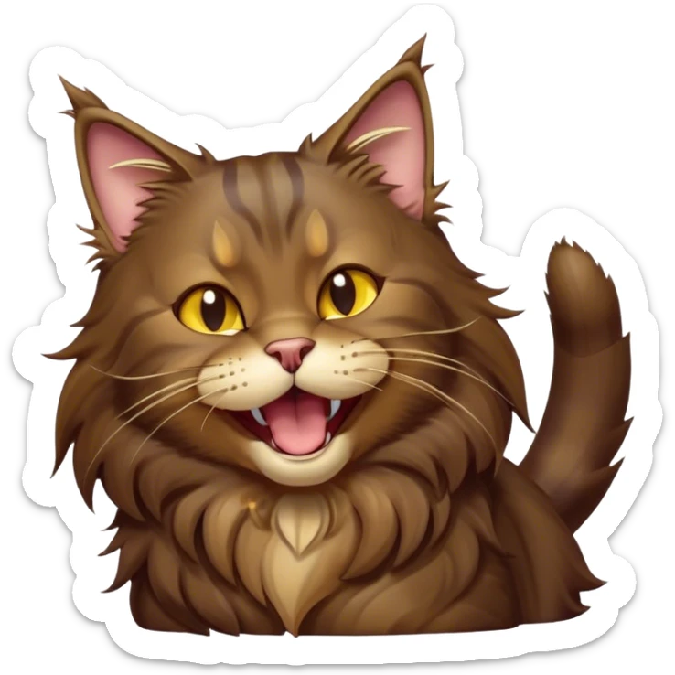 Cinematic Cute Dark Brown Maine Coon Cat Portrait Emoji, Head tilted playfully and yawning, sleek deep brown and gold tones with subtle hints of black, Simplified yet adorable features, highly detailed, glowing with a warm, friendly glow, high shine, curious and affectionate, stylized with a touch of whimsy, bright and alert, soft glowing outline, capturing the essence of a mischievous yet loving kitten, so endearing it feels like it could leap out of the screen and stretch with its fluffy tail swishing! sticker