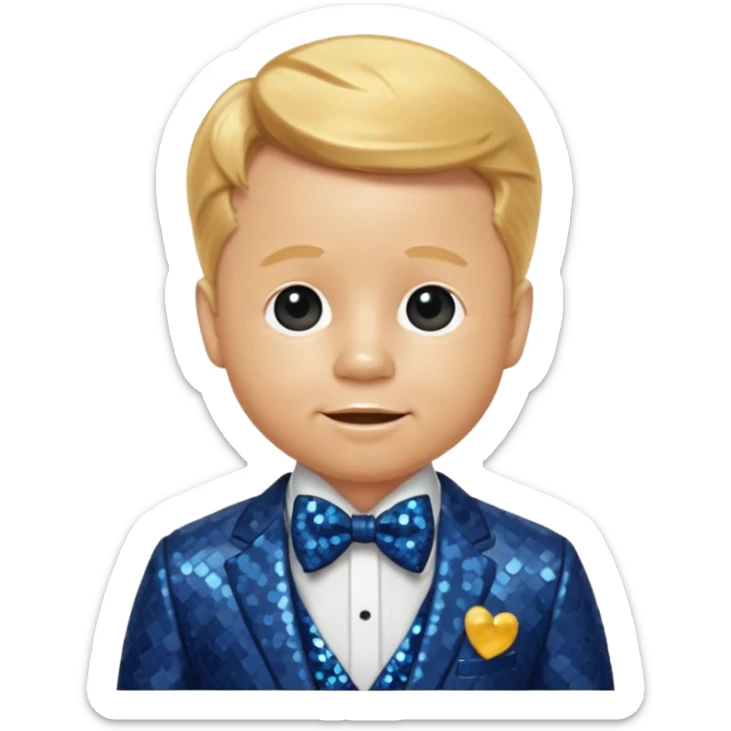 Mickey Rooney with golden blonde hair, dark blue sequin suit with bow tie sticker