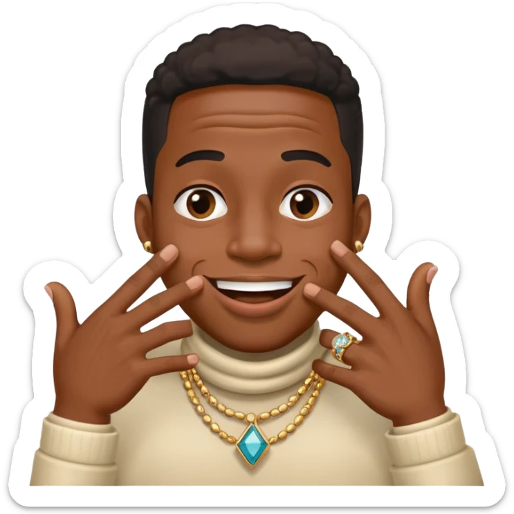 Giggling black man with jewelry covering his mouth with his right hand with one thumb and four fingers only sticker