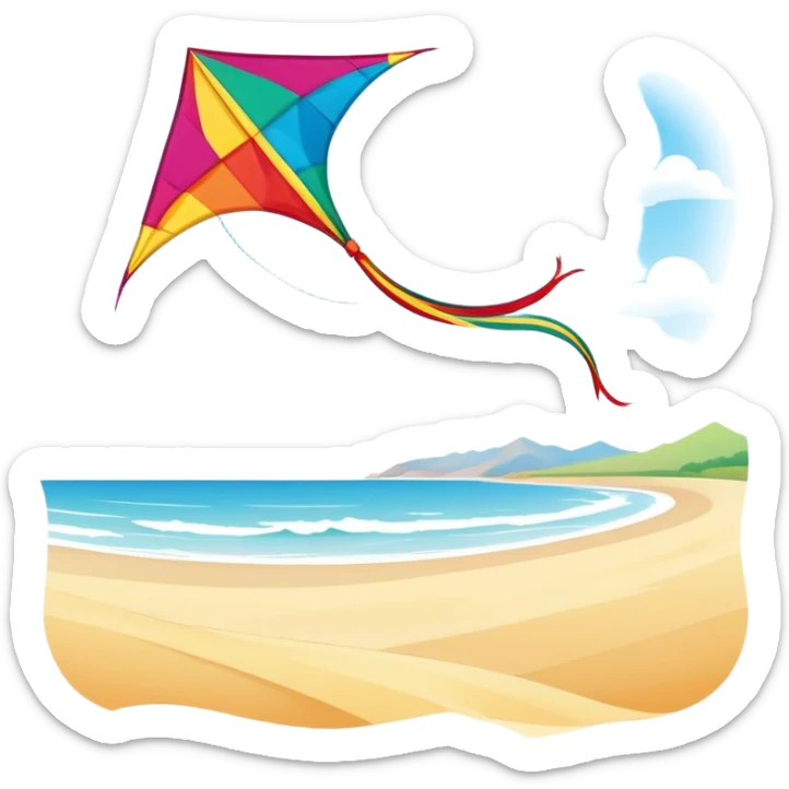 A colorful kite soaring high in the sky on a sunny day, with a long, flowing tail trailing behind. The background features an open field or beach, capturing the joy and freedom of flying kites, with gentle winds and a peaceful atmosphere. sticker
