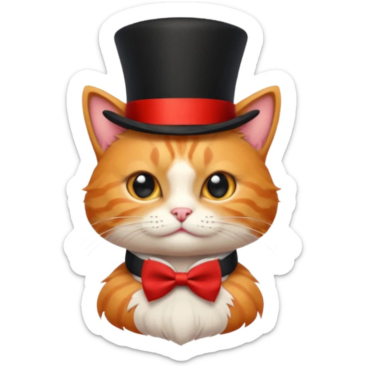 Cute emoji-style orange tabby cat wearing a black top hat with a red band and a red bow tie, big round eyes, fluffy fur, clean mascot style, centered, transparent background, 1:1 ratio. sticker