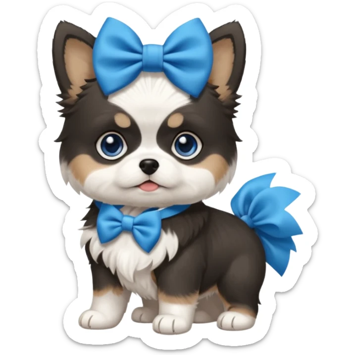black and white pomsky with blue eyes with a shih tzu puppy who is tan and white with a big blue hair bow  sticker