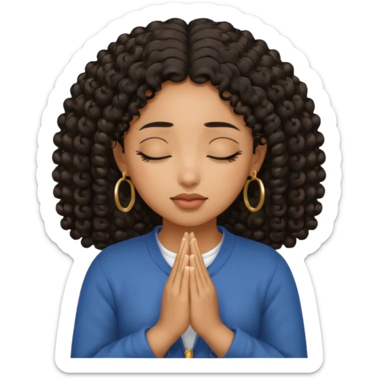 brown girl praying curls black hair and eyes closed gold hoop earrings sticker