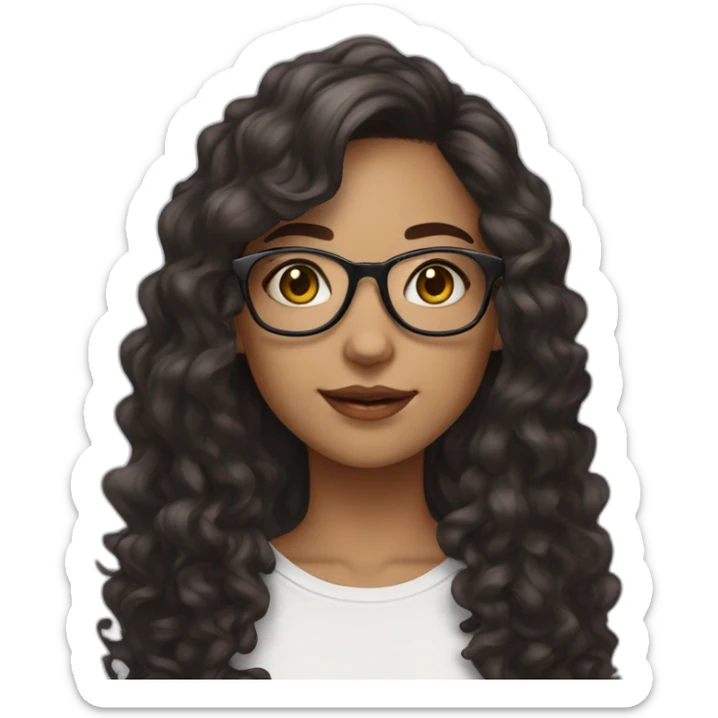 a girl white skin with big glasses with long dark brown curly hair and skin clear with street wear sticker