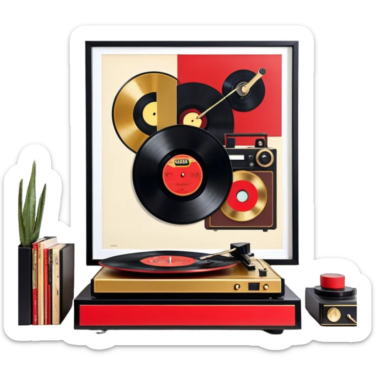 Icon for Vinyl Record Collecting: large black, golden and red vinyl records in decorative packaging featuring artist images, neatly arranged on a wall or shelf, modern vinyl record player. The icon should reflect the aesthetic and artistic aspect of collecting vinyl records. Transparent background. sticker