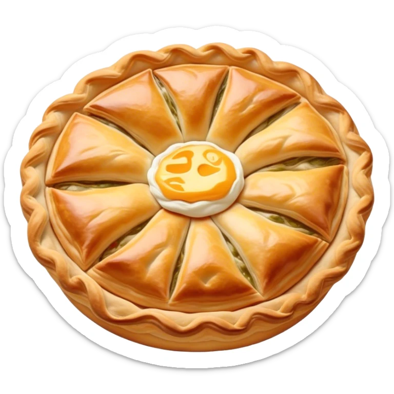 Cinematic Realistic Burek sa Sirom Dish Emoji, showcasing a flaky pastry filled with cheese rendered with crisp textures and appetizing, warm lighting. sticker