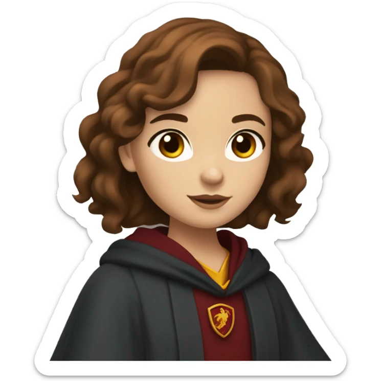 girl with brown hair past her shoulders with blueish grayish eyes wearing a gryffindor robe sticker