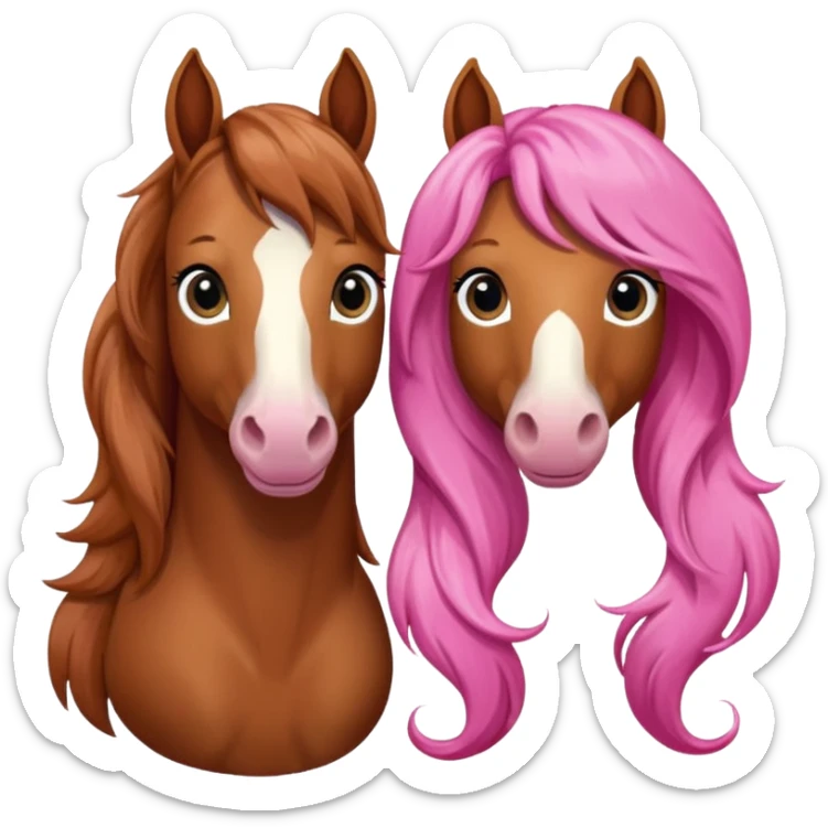 i want you to make a brown horse and a chestnut horse looking like best friends and having a pink bow on their maine next to ther ear sticker