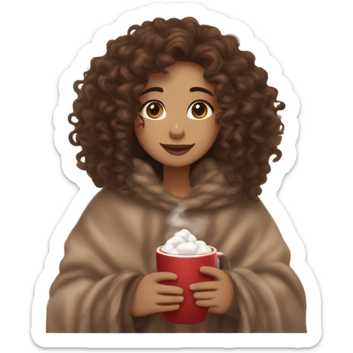 Light skin girl with brown curly hair under our blanket,make her look like a young  make it so you can see the curly hairsipping hot cocoa with marshmallows, cuddled around the blanket, long curly hair, long, medium lashes sticker