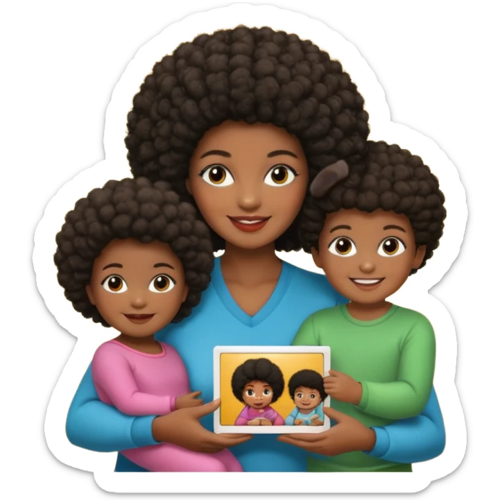 afro hair Dark Skin mom with two children, one young boy and a baby girl in polaroid picture  sticker