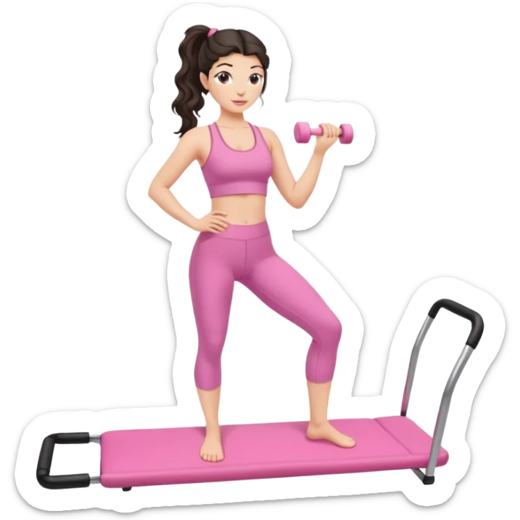 european white woman with dark wavy hair in ponytail using a pink set doing pilates sticker