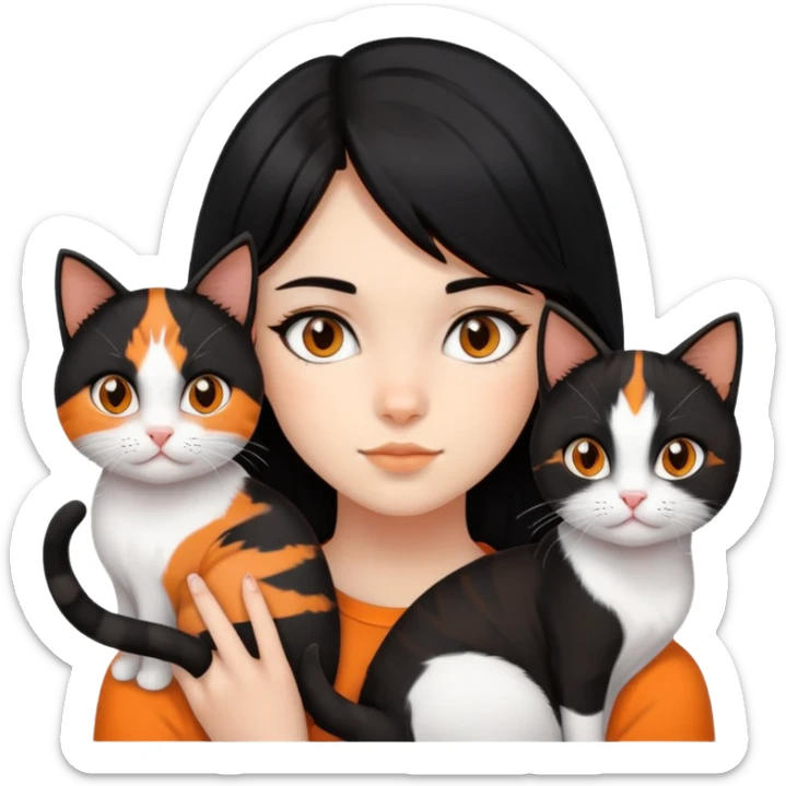 teenage girl with black hair with brown highlights with two cats that are tri-colored (black, orange, and white) sticker