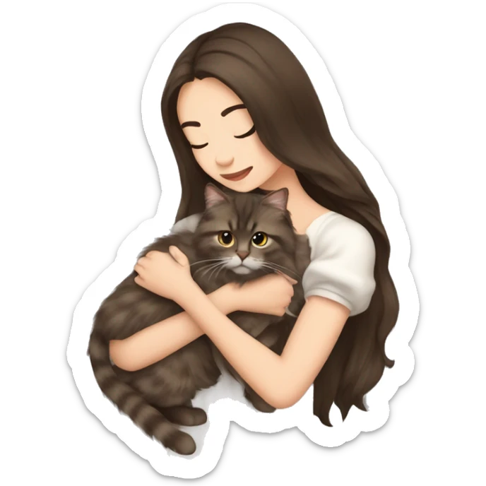 Beautiful skinny woman long dark brown hair in dress hug Siberian cat sticker