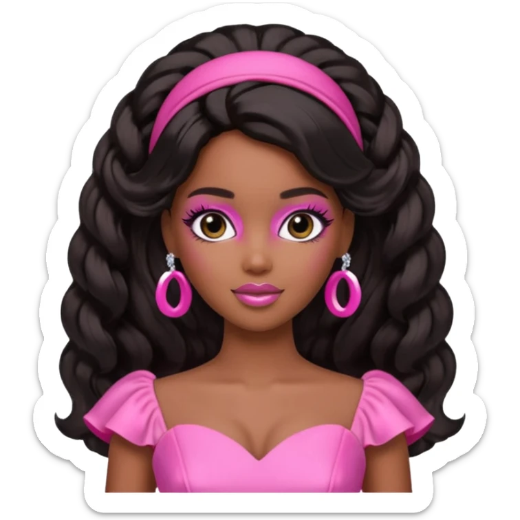 black barbie. half up half down hair, pink dress, perfect makeup and super pretty sticker