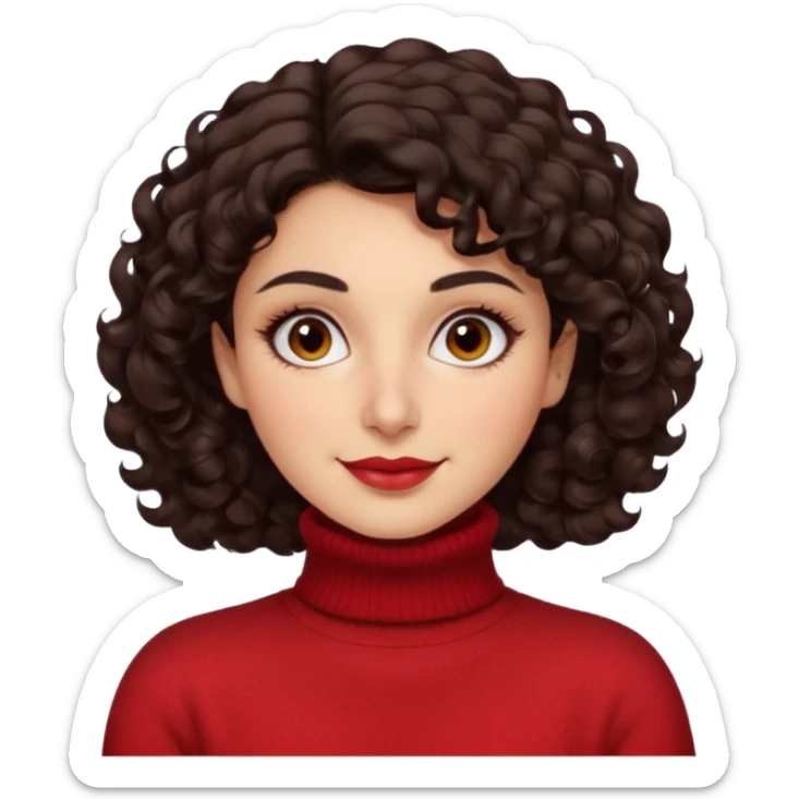 30 yr iranian woman dark brown hair curly wavy short hair, red turtle neck sweater, very thick eyebrows, light skin, dark brown eyes, small smile sticker