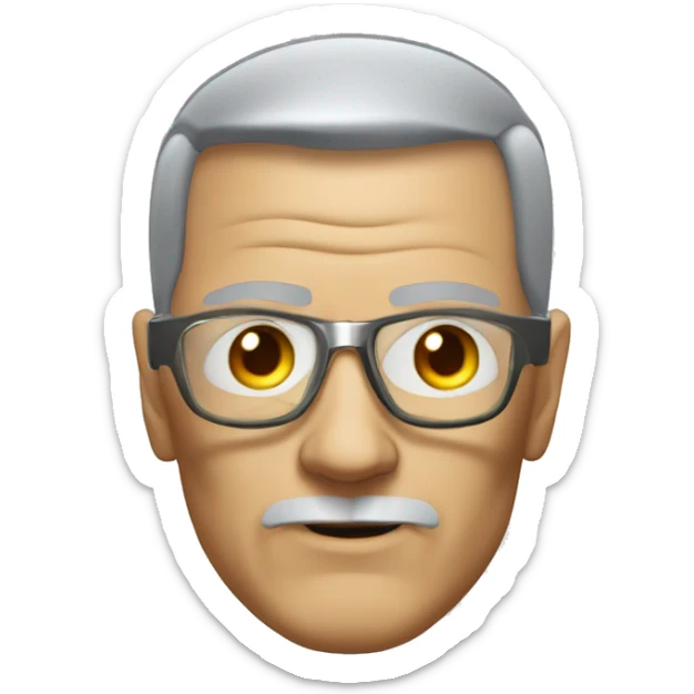 Older Male cyborg head with metallic plated face, brown flat top haircut, glasses and circuitry sticker