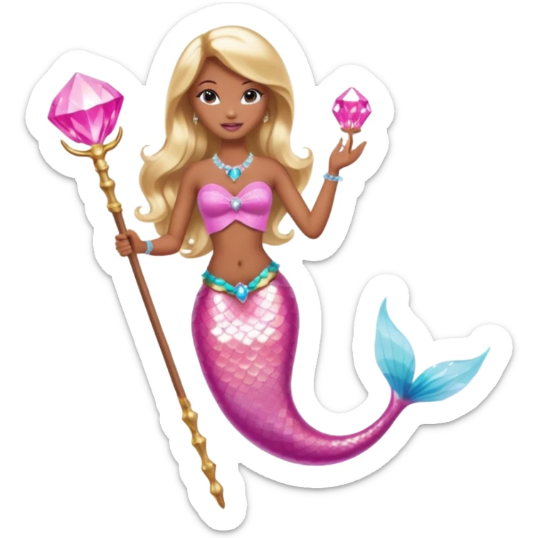 Brown skin blonde hair barbie mermaid with pink diamond tail and wand  sticker