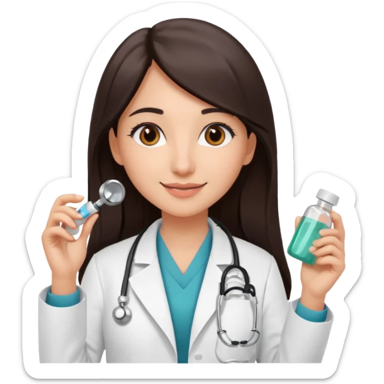 Emoji of a girl named Hiba, a pharmacist. She wears a white coat, has long straight dark brown hair, brown eyes, and a friendly smile. Add small pharmacy details like pills or a stethoscope sticker