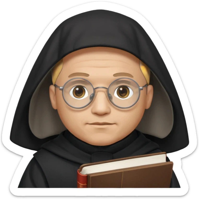 Monk priest prayer black habit with hood round black glasses done light brown wavy hair under hood remove the medallion smaller more round glassed age 46 no necklace more oval face hand holding book that says RB 480 top left is great add a little hair brown gray under hood  sticker