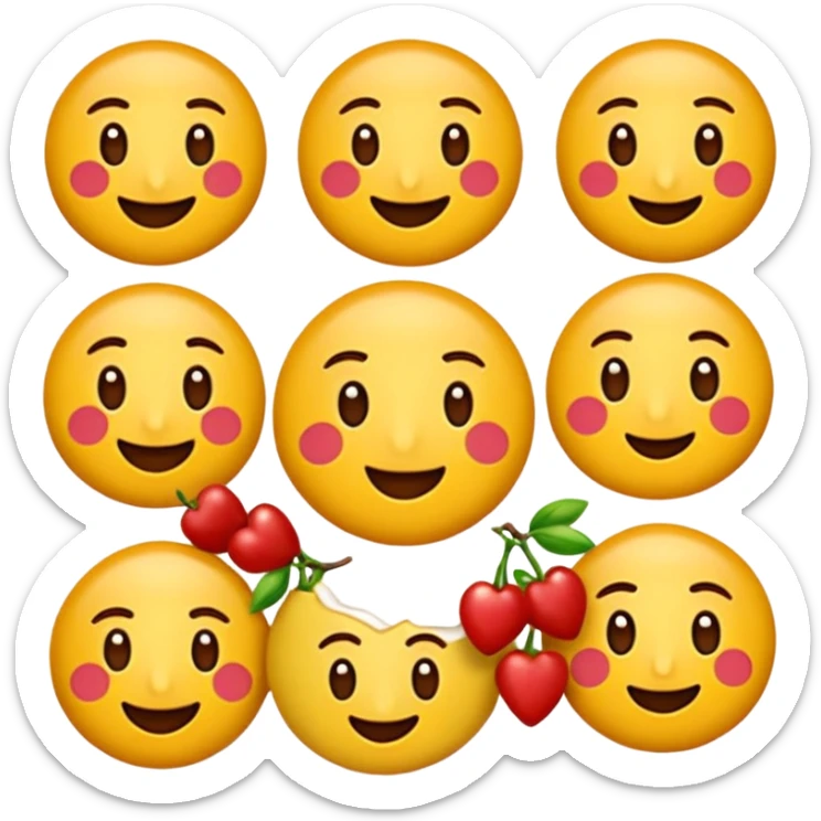 Koyu renk, dağınık dalgalı saçlı, kısa kahküllü, yuvarlak gözlüklü ve büyük kahverengi gözlü bir genç kadının yüzünü gösteren emoji tarzı illüstrasyon. Hafif bir gülümseme veya tatlı bir sırıtış ifadesi var. Cilt tonu açık. sticker