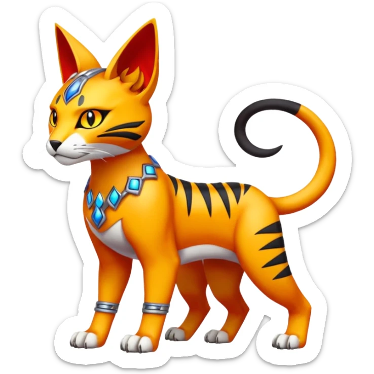 Colorful orange red black yellow Bastet-Gatomon-Vernid-Protogen-Digimon-Fakémon-Pokémon-creature  (full body) sticker