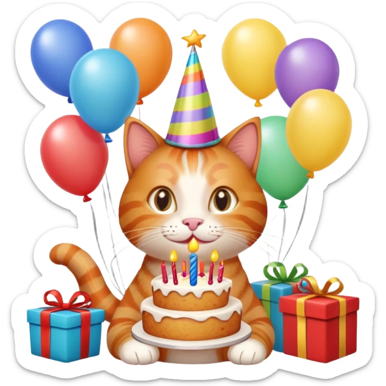 Ginger cat celebrates birthday, birthday hat, birthday cake, balloons, happy, gifts sticker