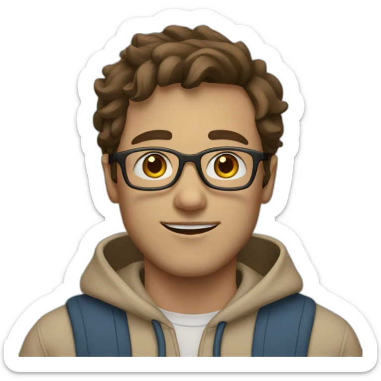 Man with blue eyes, glasses, brown hair wearing a beige hoodie sticker
