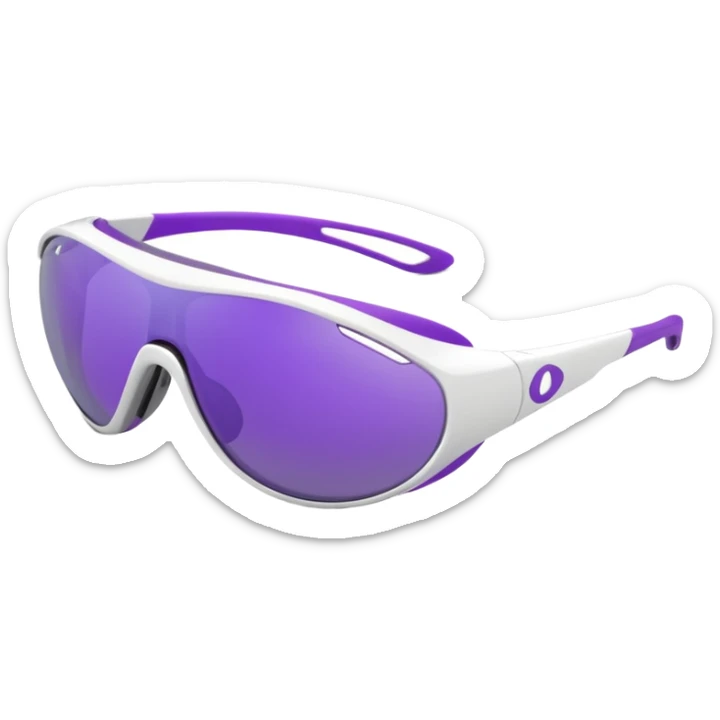 3D render of futuristic sports sunglasses, oval purple tinted lenses, white glossy frame, large gray ventilated nose guard, detailed reflections, realistic materials, high detail, isolated on transparent background, 4K resolution sticker