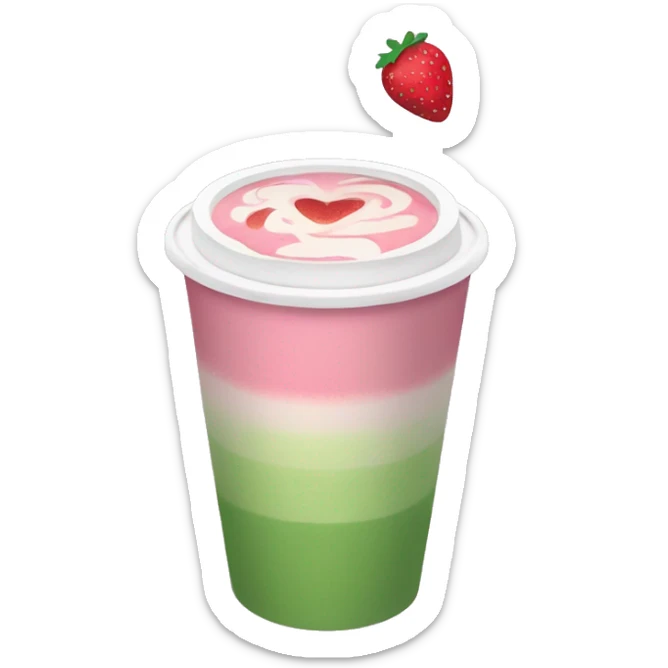 strawberry matcha latte, pink at the bottom, green on top, in a to go cup sticker