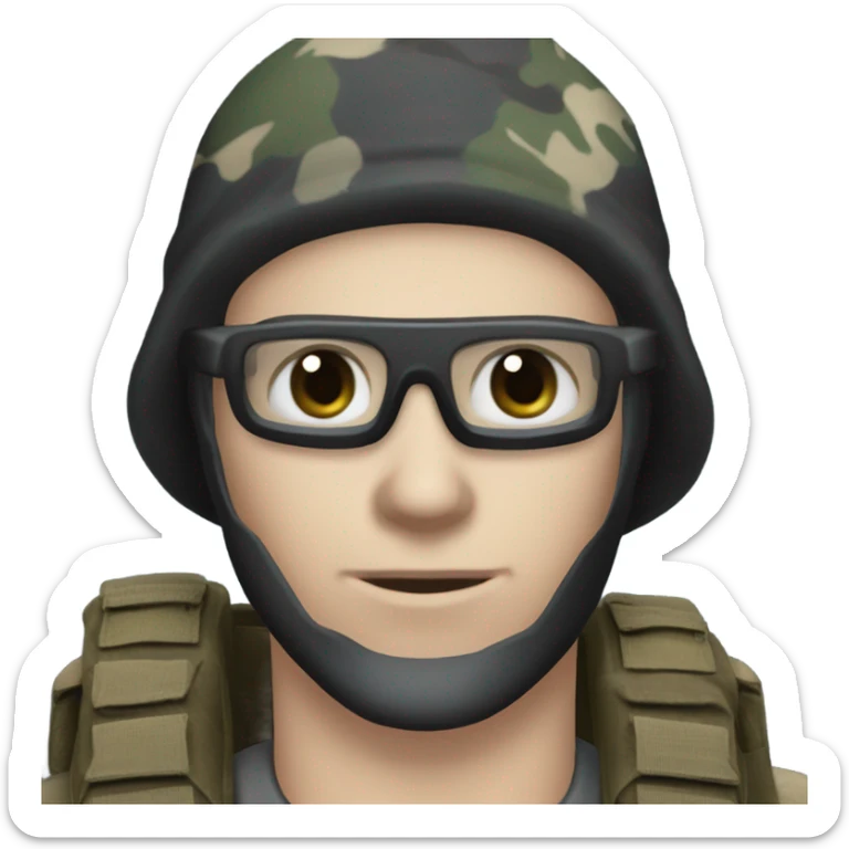 male, pale skin, call of duty black face mask, camo tactical gear, combat boots, black beanie, blue eyes sticker