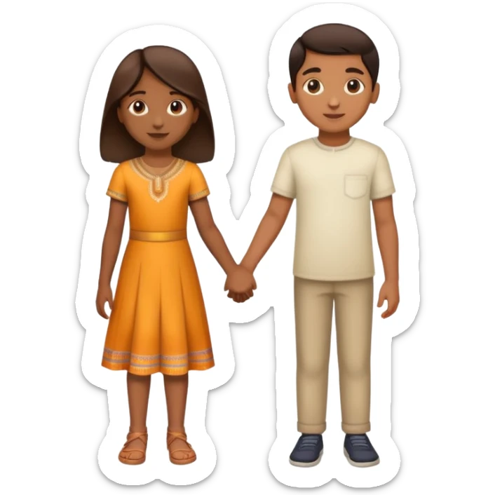 boy and girl holding hands, both Indian, boy with lighter brown skin, girl with medium brown skin, both around age 5-6 sticker