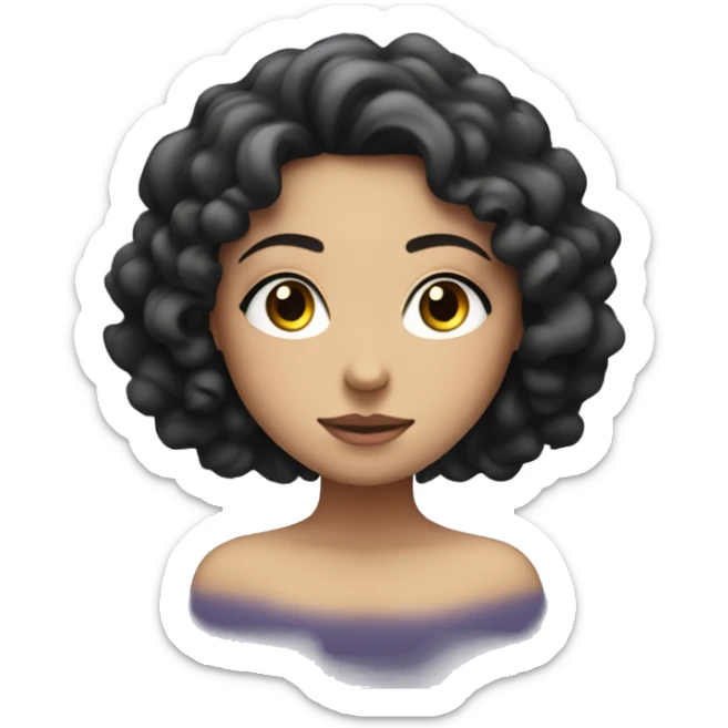white girl with long and black curly hair with stars around and meditating with eyes closed sticker