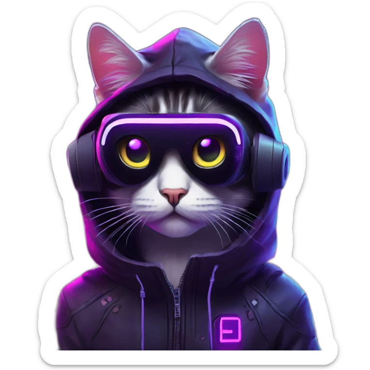 Russian cat wearing a black hoodie with "OMG" letters on it and VR headset in a cyberpunk VR environment with violet neon lighting. sticker