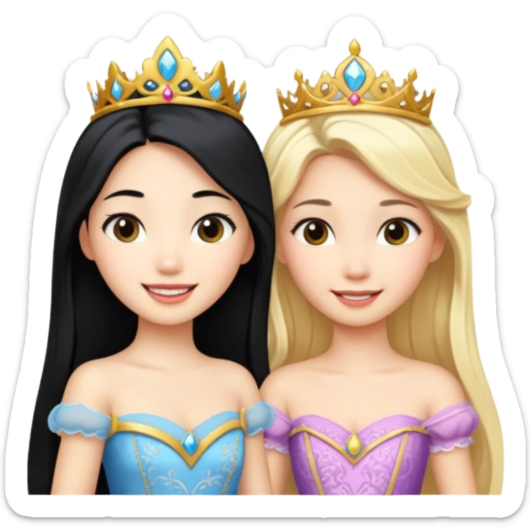 Asian girl black hair and blonde white girl dressed as princesses sticker
