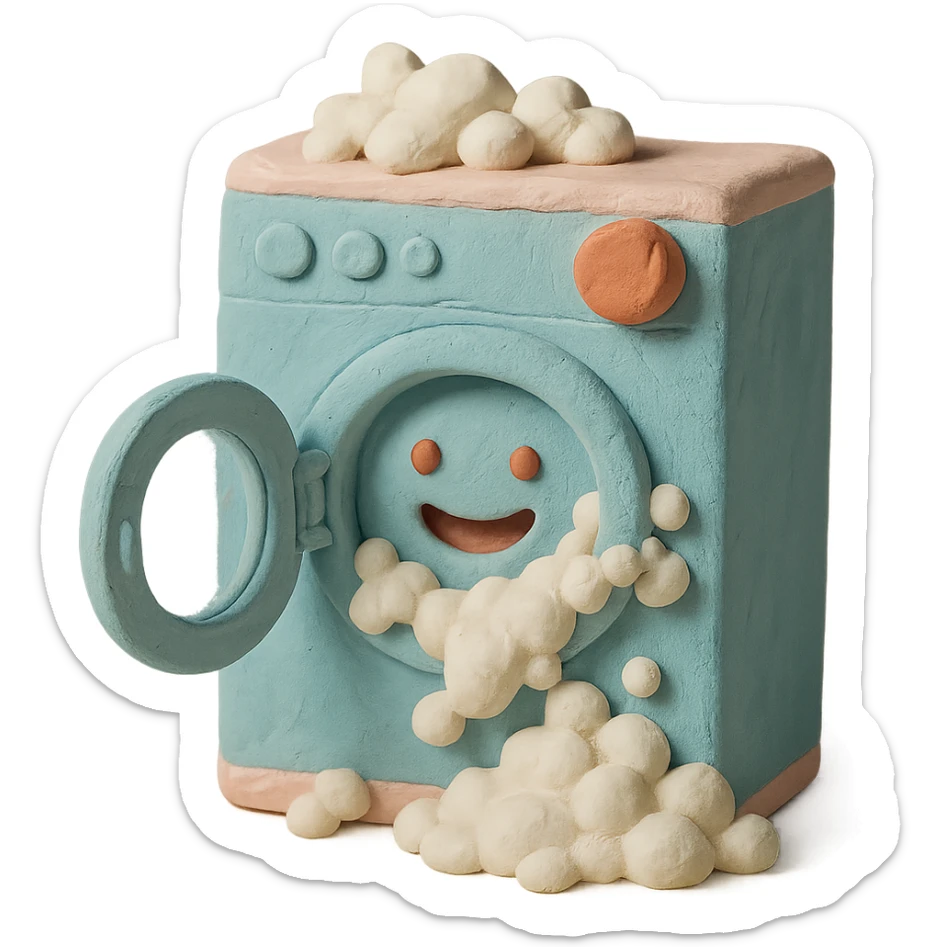 playful washing machine in claymation style with bubbly soap and open door, pastel colors sticker