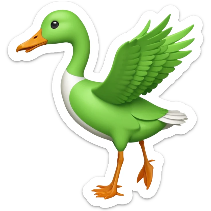 Emoji of a running goose with a very long neck and two legs. Use 🪿 shape but color it bright green (#39C700). The wings must be pressed tightly against the body, fully folded with no gap or spread. Do NOT show wings flapping or extended sticker