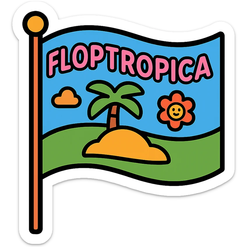 flag on a stick with a whimsical, fictional 'Floptropica' design, colorful and playful sticker