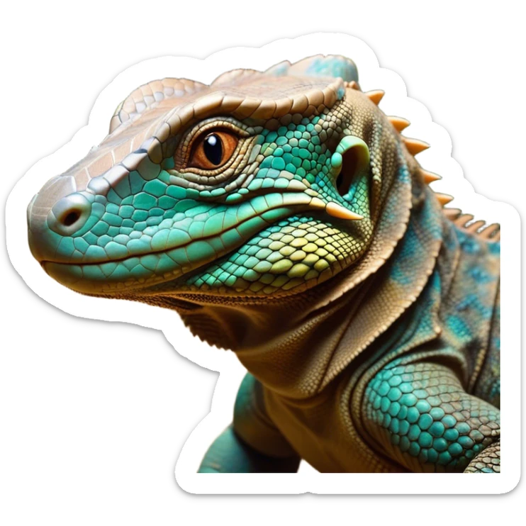 Cinematic Cute Komodo Dragon Lizard Portrait Emoji, Head tilted playfully and inquisitively, with a sleek, scaled form accented by vibrant hues and curious, sparkling eyes, Simplified yet irresistibly adorable features, highly detailed, glowing with a warm, lively glow, high shine, affectionate and spirited, stylized with a touch of exotic charm, bright and endearing, soft glowing outline, capturing the essence of a mischievous yet captivating lizard that seems poised to scurry out of the screen into your heart! sticker