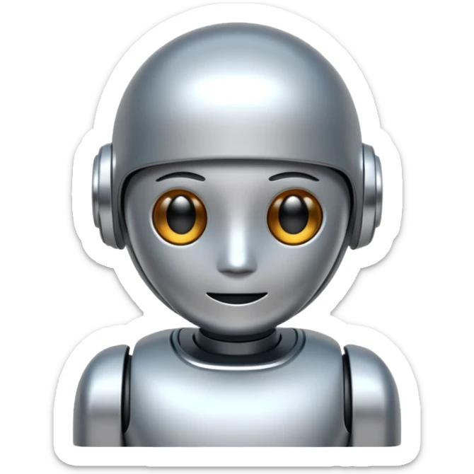 A cute futuristic robot emoji made of silver chrome, rounded friendly body, minimal facial features, glossy metallic surface, soft reflections, iOS emoji style, centered, clean white background sticker